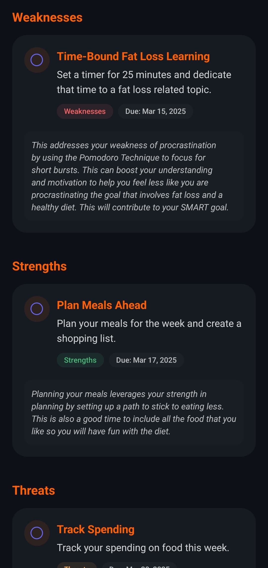 Actionable Tasks Detail